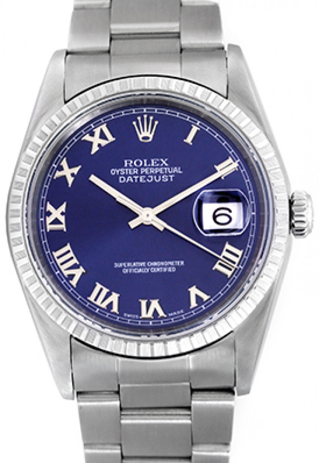 Rolex 16220 Steel on Oyster, Finely Engine Turned Bezel Blue with Silver Roman