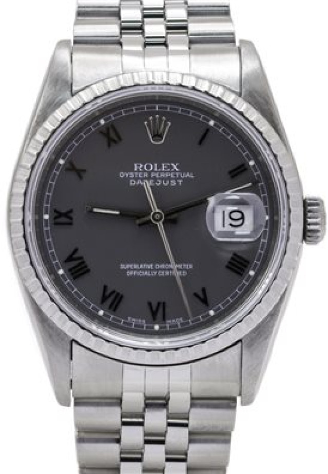 Rolex 16220 Steel on Jubilee, Finely Engine Turned Bezel Dark Grey with Silver Roman