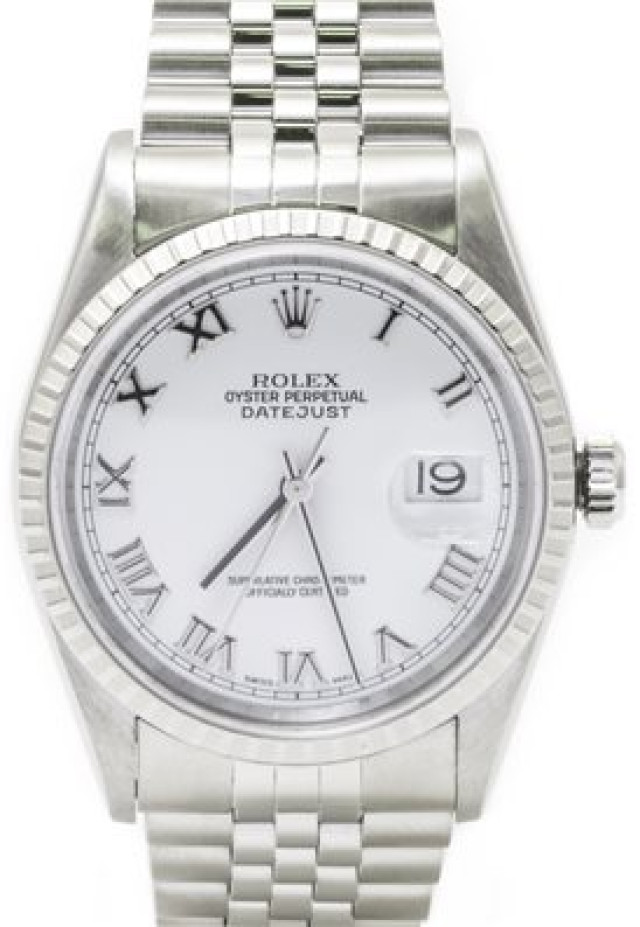 Rolex 16220 Steel on Jubilee, Finely Engine Turned Bezel White with Silver Roman