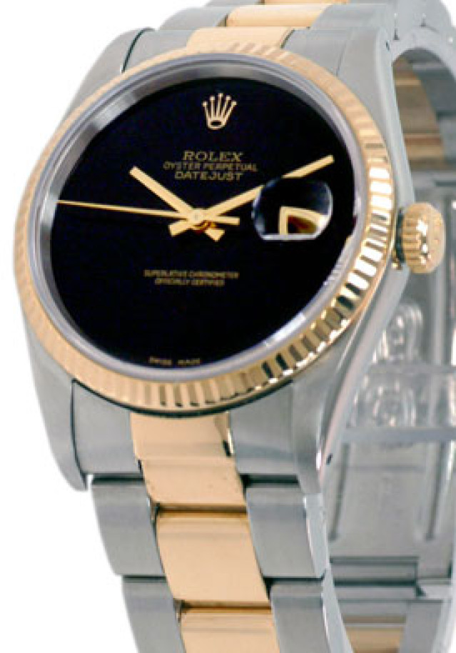 Rolex 16233 Yellow Gold & Steel on Oyster, Fluted Bezel Black with Rolex Gold Logo