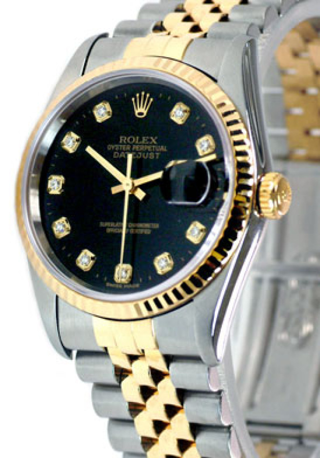 Rolex 16233 Yellow Gold & Steel on Jubilee, Fluted Bezel Black Diamond Dial
