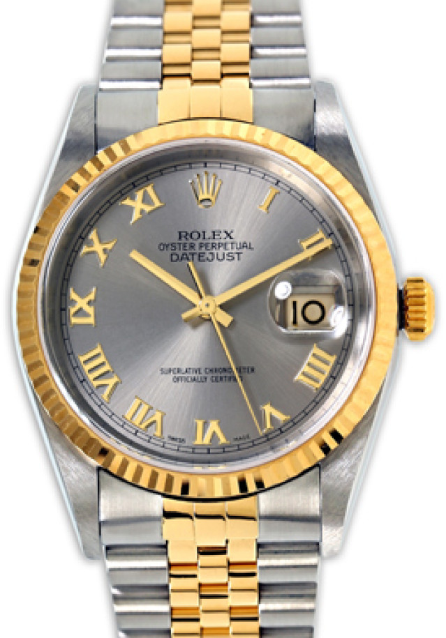 Rolex 16233 Yellow Gold & Steel on Jubilee, Fluted Bezel Dark Grey Slate with Gold Roman