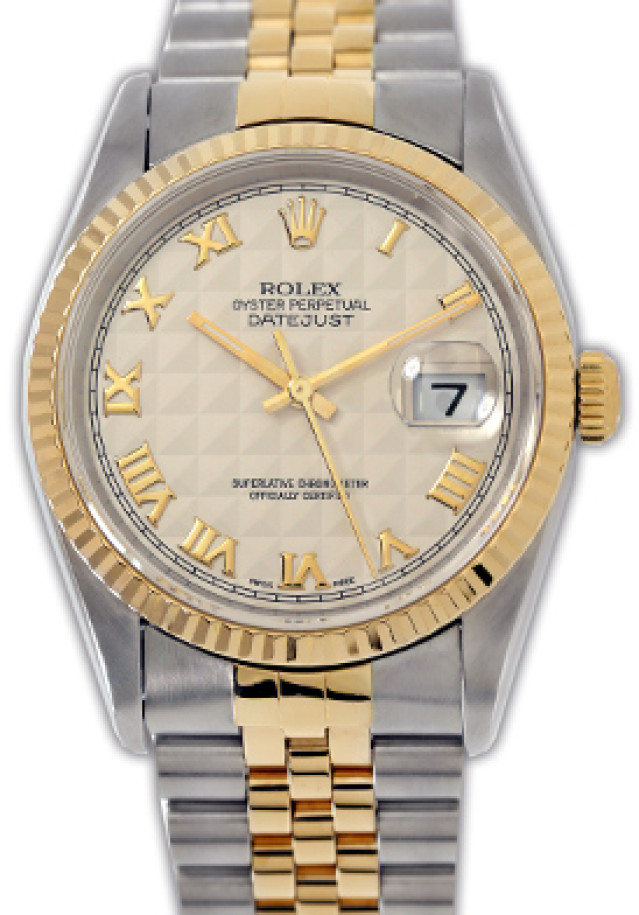 Rolex 16233 Yellow Gold & Steel on Jubilee, Fluted Bezel Ivory with Gold Roman