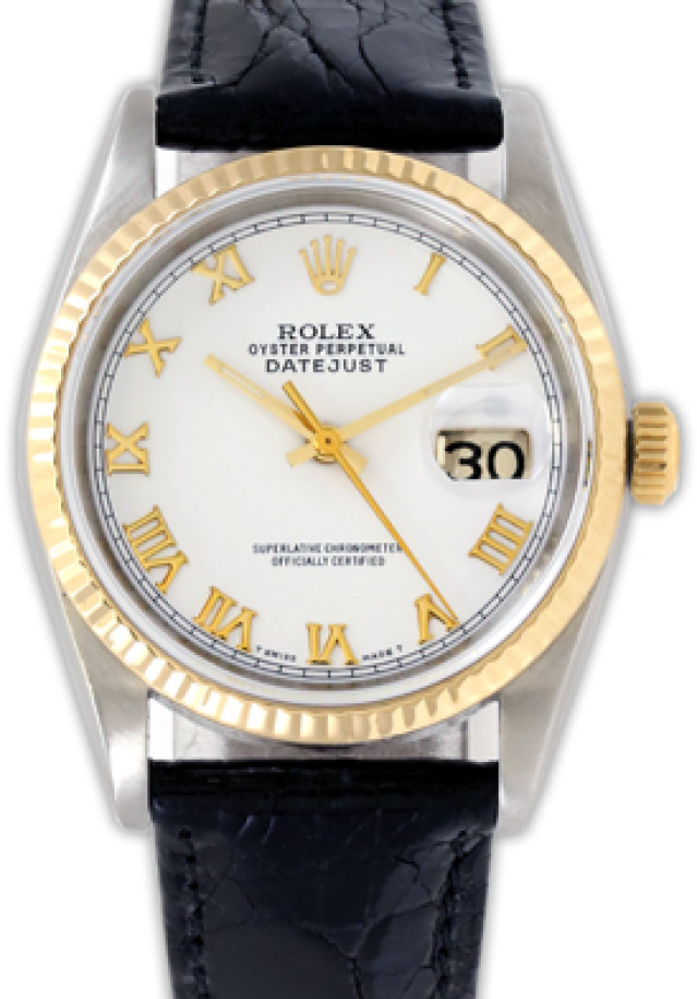 Rolex 16233 Yellow Gold & Steel on Strap, Fluted Bezel White with Gold Roman