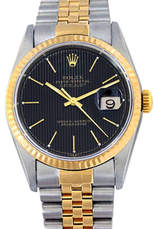 Rolex 16233 Yellow Gold & Steel on Jubilee, Fluted Bezel Black Tapestry with Gold Index