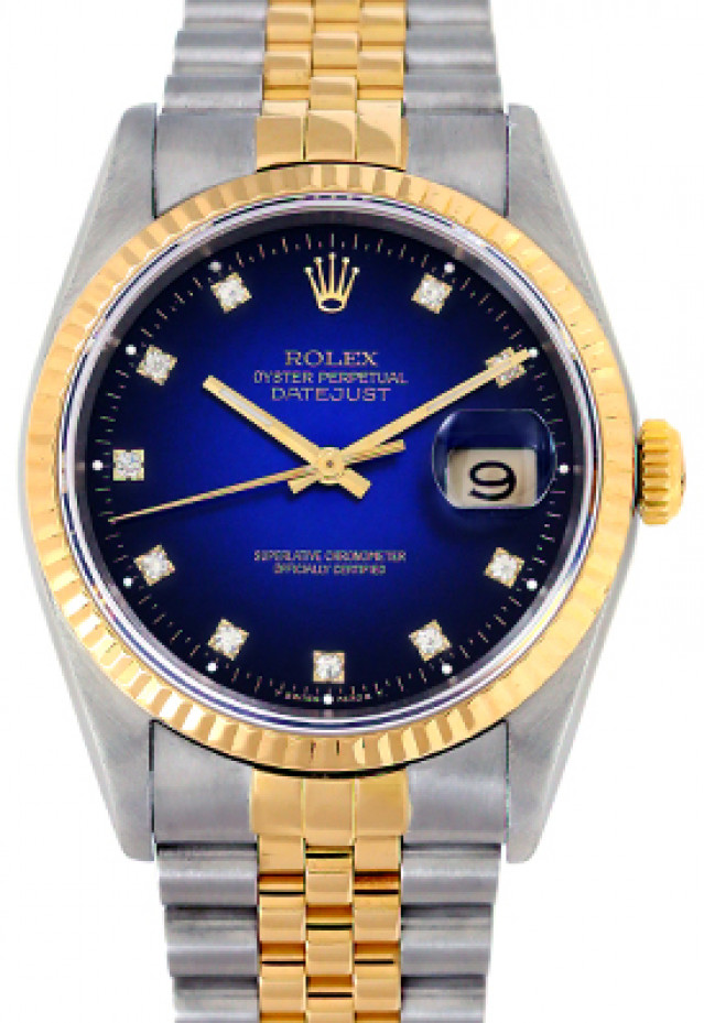 Rolex 16233 Yellow Gold & Steel on Jubilee, Fluted Bezel Vignette Blue Diamond Dial