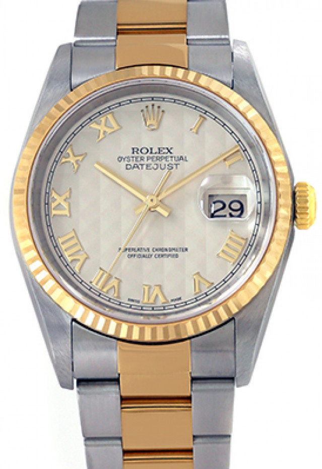 Rolex 16233 Yellow Gold & Steel on Oyster, Fluted Bezel Ivory Pyramid with Gold Roman