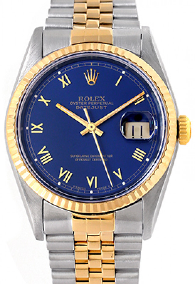 Rolex 16233 Yellow Gold & Steel on Jubilee, Fluted Bezel Blue with Gold Roman