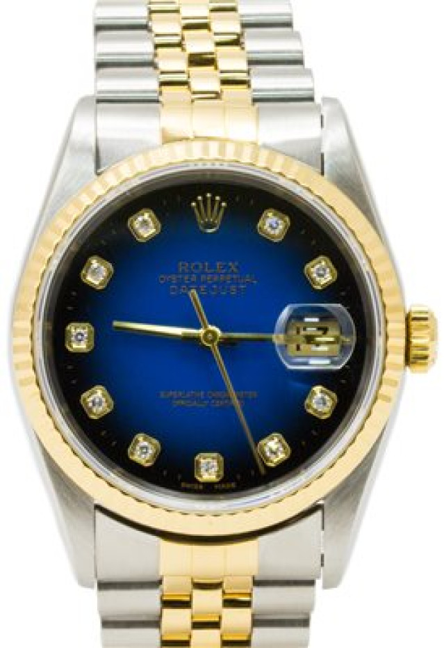Rolex 16233 Yellow Gold & Steel on Jubilee, Fluted Bezel Blue Diamond Dial