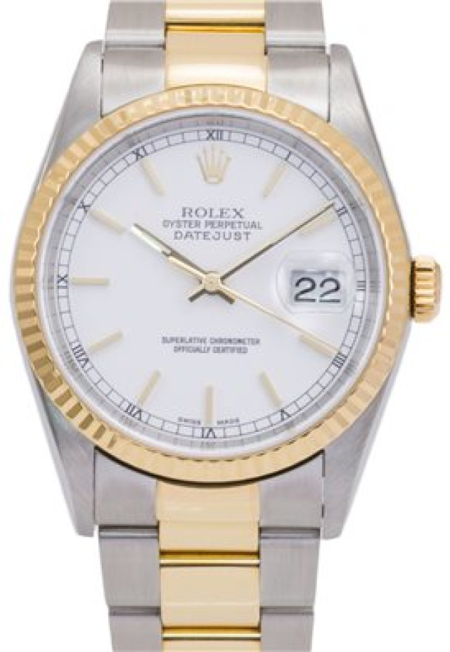 Rolex 16233 Yellow Gold & Steel on Oyster, Fluted Bezel White with Gold Index