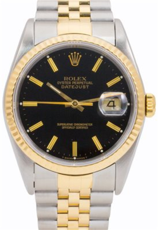 Rolex 16233 Yellow Gold & Steel on Jubilee, Fluted Bezel Black with Gold Index