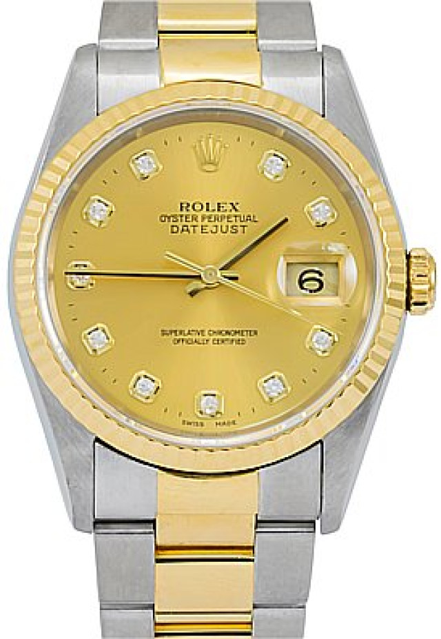 Rolex 16233 Yellow Gold & Steel on Oyster, Fluted Bezel Champagne Diamond Dial