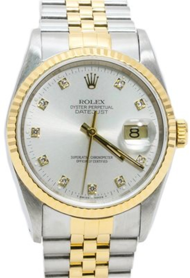 Rolex 16233 Yellow Gold & Steel on Jubilee, Fluted Bezel Silver Diamond Dial