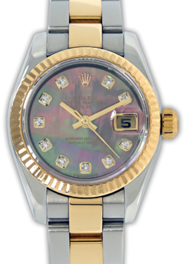 Rolex 179173 Yellow Gold & Steel on Oyster, Fluted Bezel Mother Of Pearl Black Diamond Dial