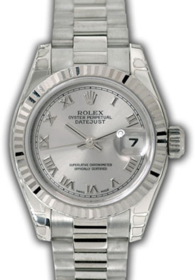 Rolex 179179 White Gold on President, Fluted Bezel Rhodium with Silver Roman