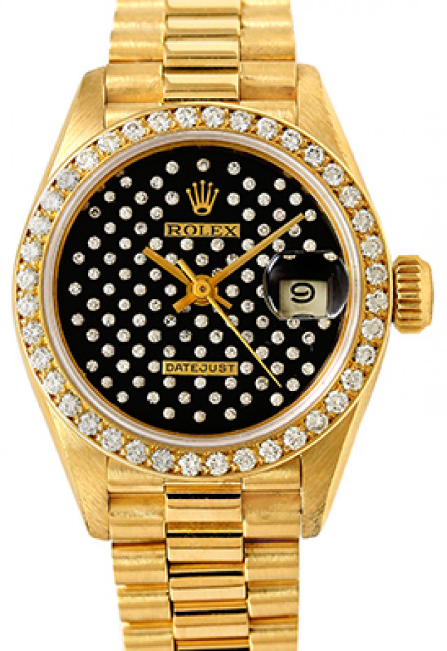 Rolex 69138 Yellow Gold on President, Diamond Bezel Pleiade Black Diamond Dial