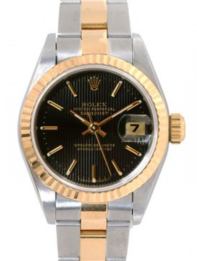 Rolex 69173 Yellow Gold & Steel on Oyster, Fluted Bezel Black Tapestry with Gold Index