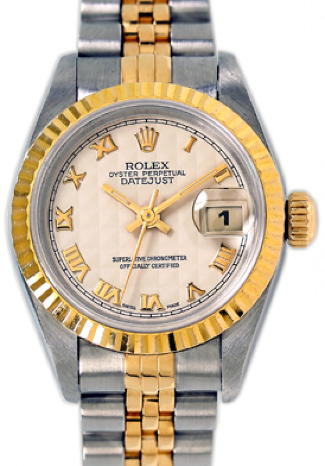 Rolex 69173 Yellow Gold & Steel on Jubilee, Fluted Bezel White Pyramid with Gold Roman
