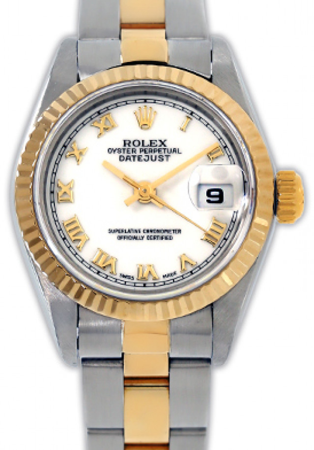 Rolex 69173 Yellow Gold & Steel on Oyster, Fluted Bezel White with Gold Roman