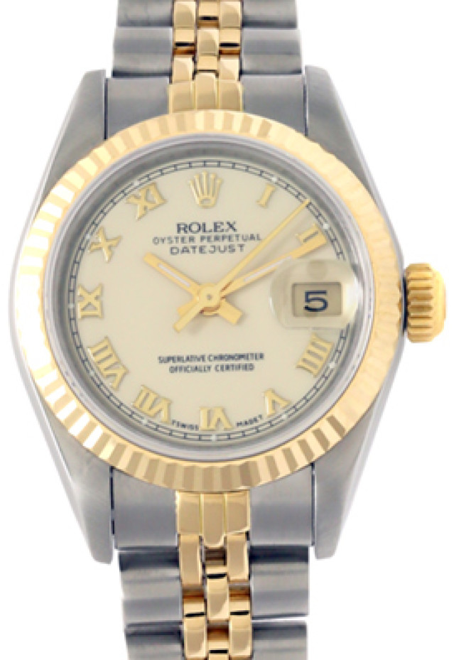 Rolex 69173 Yellow Gold & Steel on Jubilee, Fluted Bezel Ivory Roman with Gold Roman