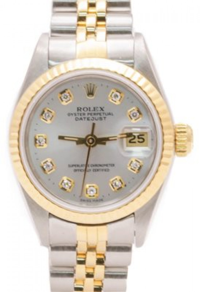 Rolex 69173 Yellow Gold & Steel on Jubilee, Fluted Bezel Silver Diamond Dial