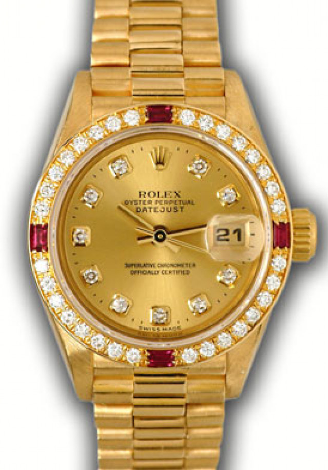 Rolex 79068 Yellow Gold on President, Diamonds, Rubies Bezel Champagne Diamond Dial