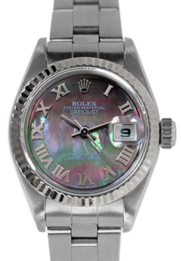 Rolex 79174 White Gold & Steel on Oyster Black Mother Of Pearl with Silver Roman