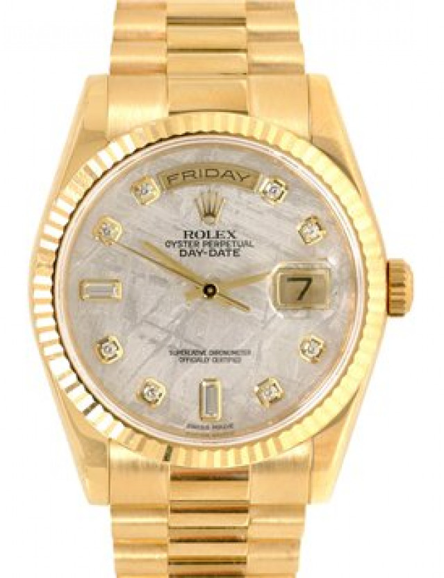 Rolex 118238 Yellow Gold on President, Fluted Bezel Meteorite Steel Diamond Dial