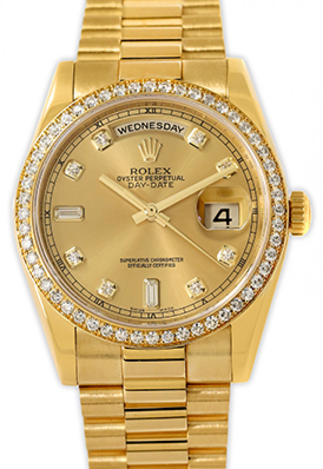 Rolex 118348 Yellow Gold on President, Diamond Bezel Champagne Diamond Dial