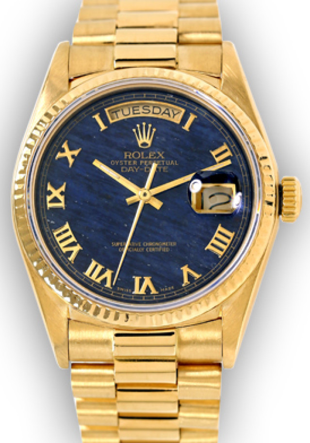 Rolex 18038 Yellow Gold on President, Fluted Bezel Blue Marble with Gold Roman