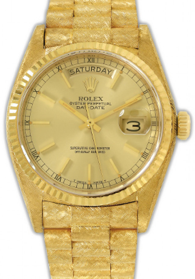 Rolex 18038 Yellow Gold on President Florentine, Fluted Bezel Champagne with Gold Index