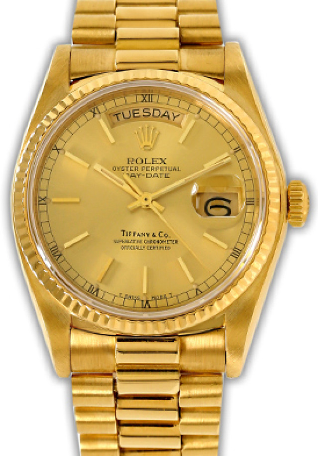 Rolex 18038 Yellow Gold on President, Fluted Bezel Champagne Tiffany with Gold Index