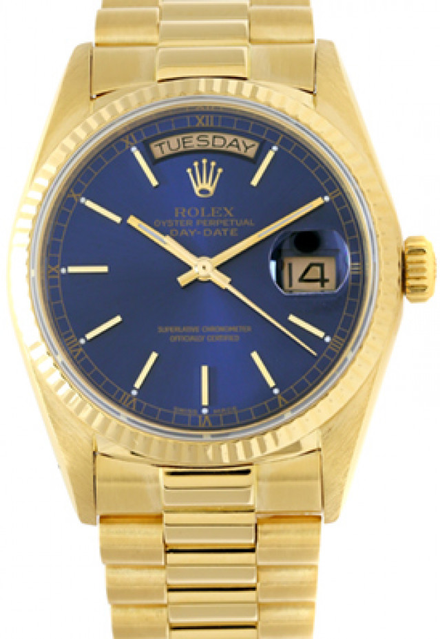 Rolex 18038 Yellow Gold on President, Fluted Bezel Blue with Gold Index