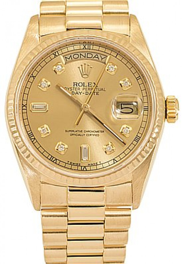 Rolex 18038 Yellow Gold on President, Fluted Bezel Champagne Diamond Dial
