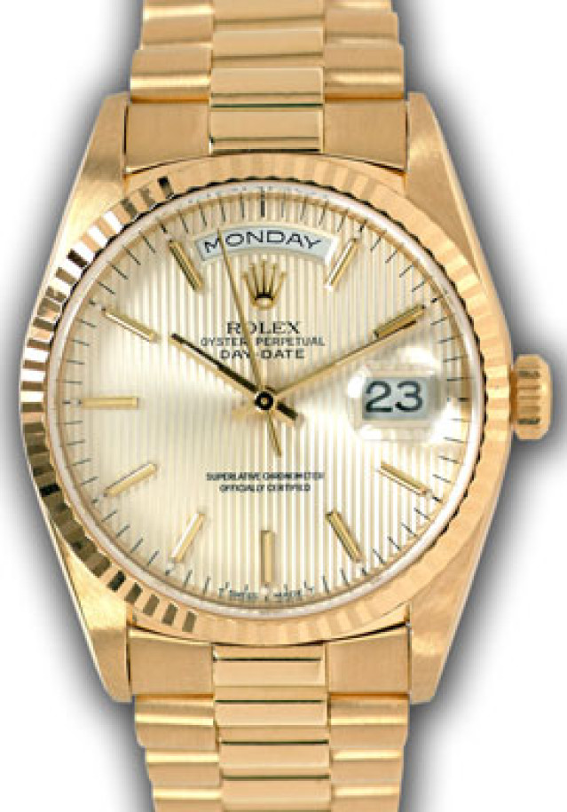 Rolex 18238 Yellow Gold on President, Fluted Bezel Steel Tapestry with Gold Index