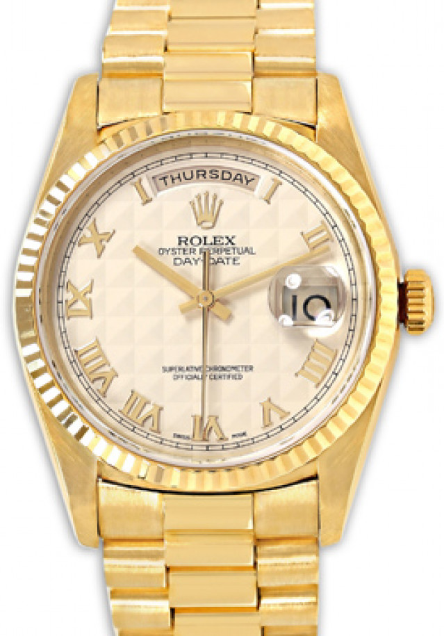 Rolex 18238 Yellow Gold on President, Fluted Bezel White Pyramid with Gold Roman