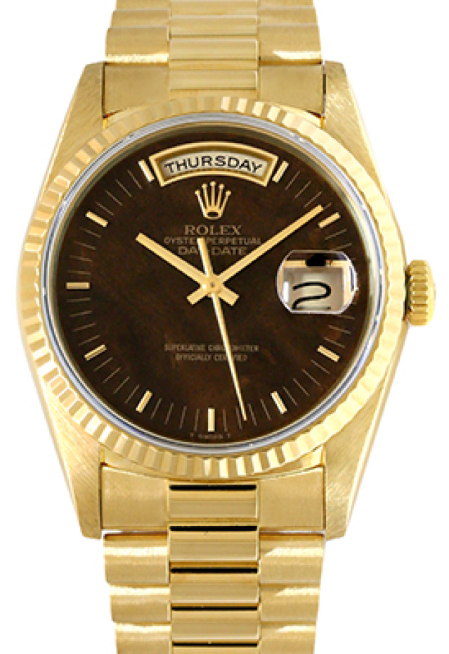 Rolex 18238 Yellow Gold on President, Fluted Bezel Burl Wood Brown Diamond Dial