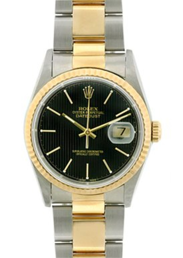 Rolex 16233 Yellow Gold & Steel on Oyster, Fluted Bezel Black Tapestry with Gold Index