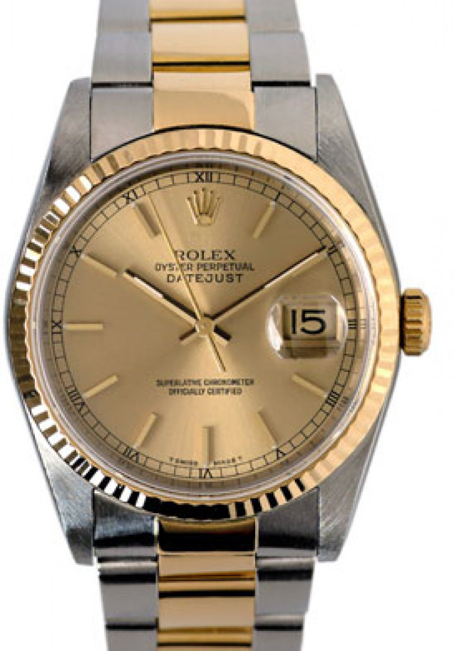 Rolex 16233 Yellow Gold & Steel on Oyster, Fluted Bezel Champagne with Gold Index & Black Arabic