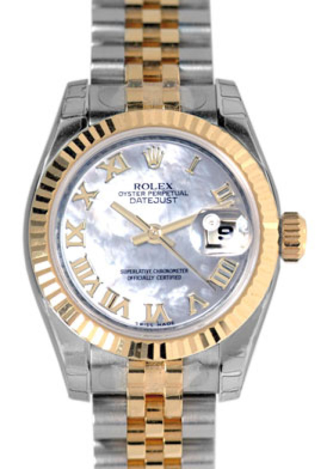 Rolex 179173 Yellow Gold & Steel on Jubilee, Fluted Bezel White Mother Of Pearl with Gold Roman