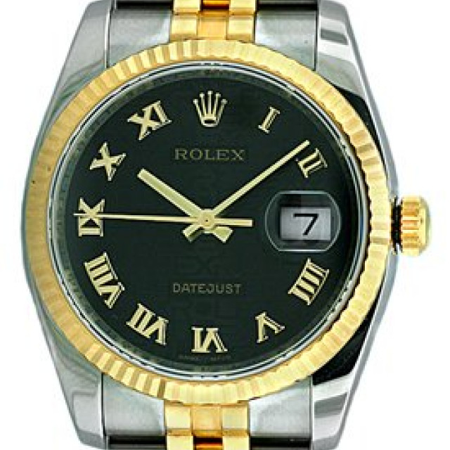 Rolex 116233 Yellow Gold & Steel on Jubilee, Fluted Bezel Black with Gold Roman