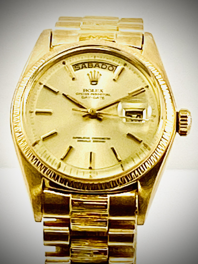 Rolex 1807 Yellow Gold on President, Bark Finish Bezel Champagne with Gold Index