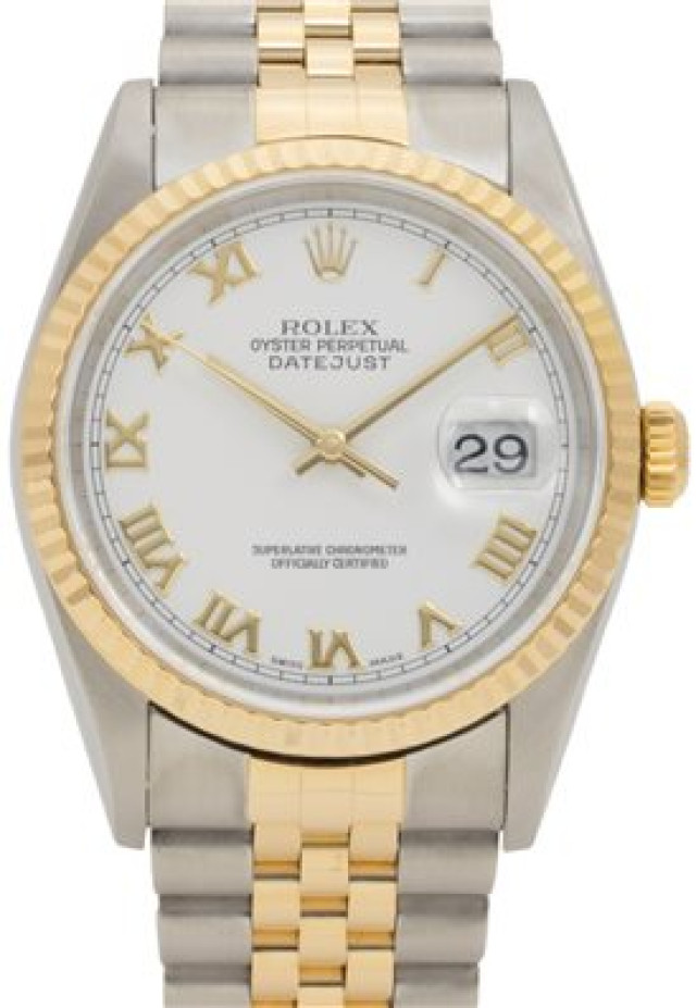 Rolex 16233 Yellow Gold & Steel on Jubilee, Fluted Bezel White with Gold Roman
