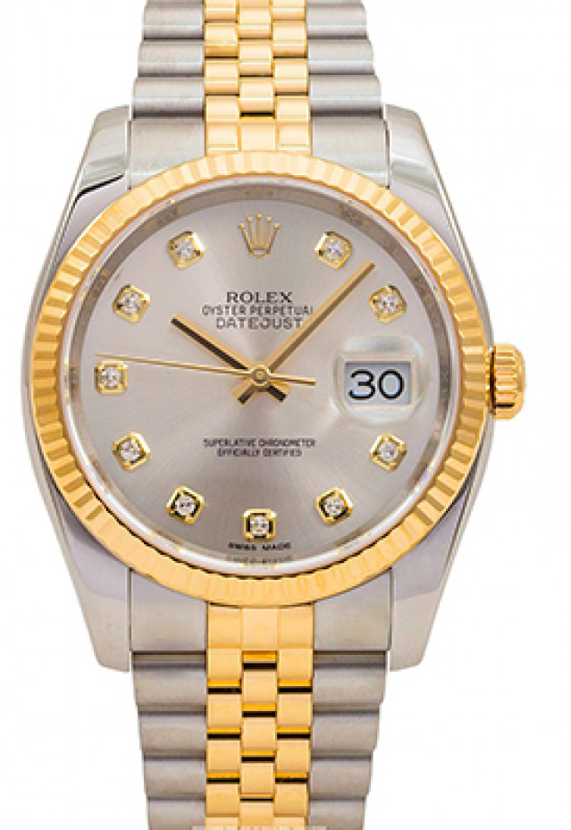 Rolex 116233 Yellow Gold & Steel on Jubilee, Fluted Bezel Silver Diamond Dial